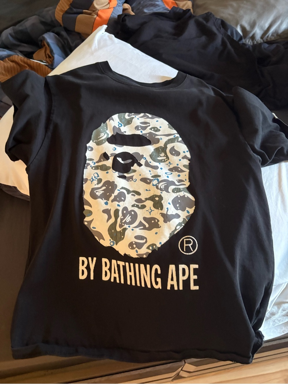 Bape Black T-Shirt with Beige & Green Camo Ape Head